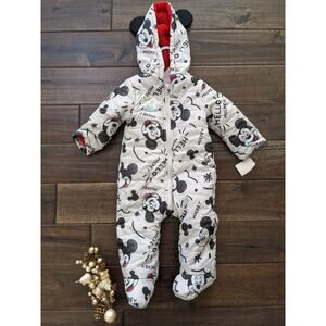 Disney Baby Mickey Mouse Snow Suit Hoodie Black Gray Fleece Lined Ears SZ 6-9 MO